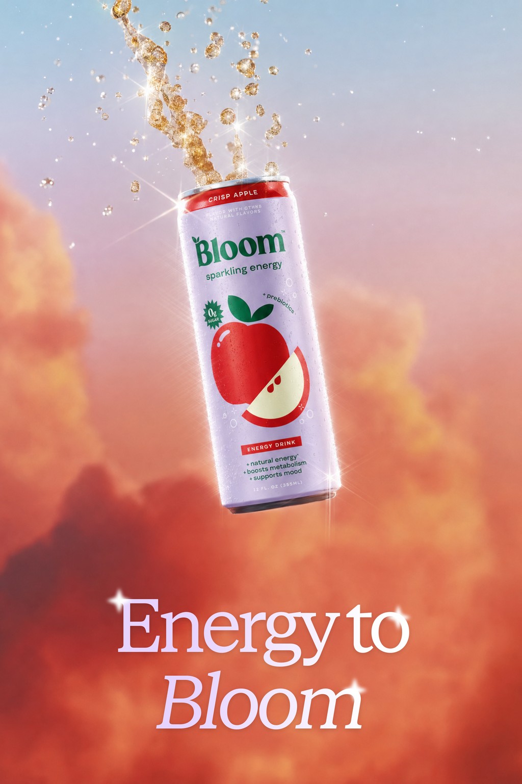 A soda ad for Bloom, the can against a sunset sky