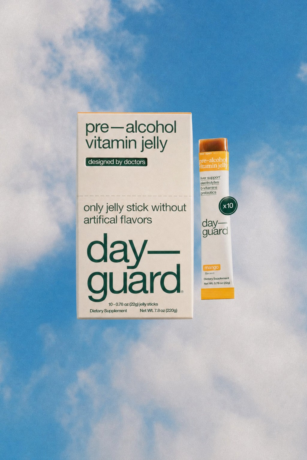 A vitamin jelly ad for Day Guard, the box against a blue sky